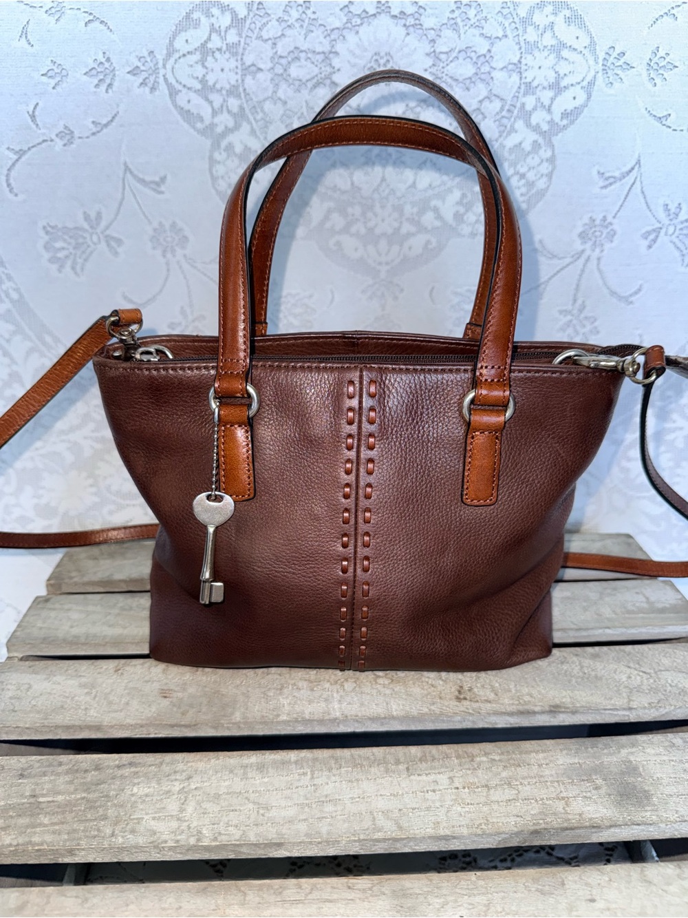 Fossil Brown Pebble Leather Crossbody Satchel Bag with Key Charm